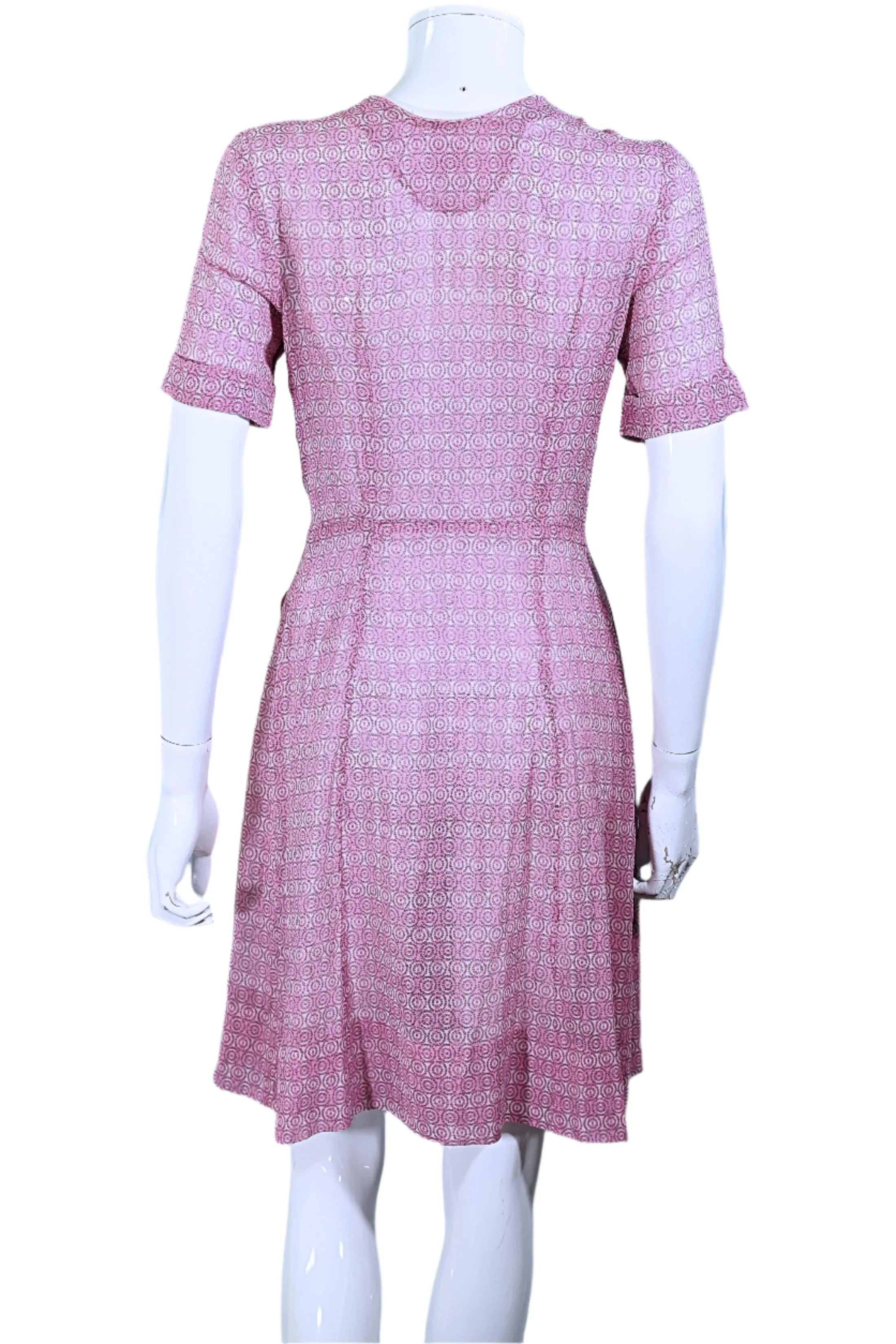 Vintage 40s Pink Sheer Print Dress Pearl Buttons, 27 In Waist