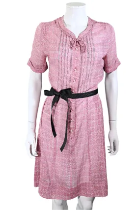 Vintage 40s Pink Sheer Print Dress Pearl Buttons, 27 In Waist