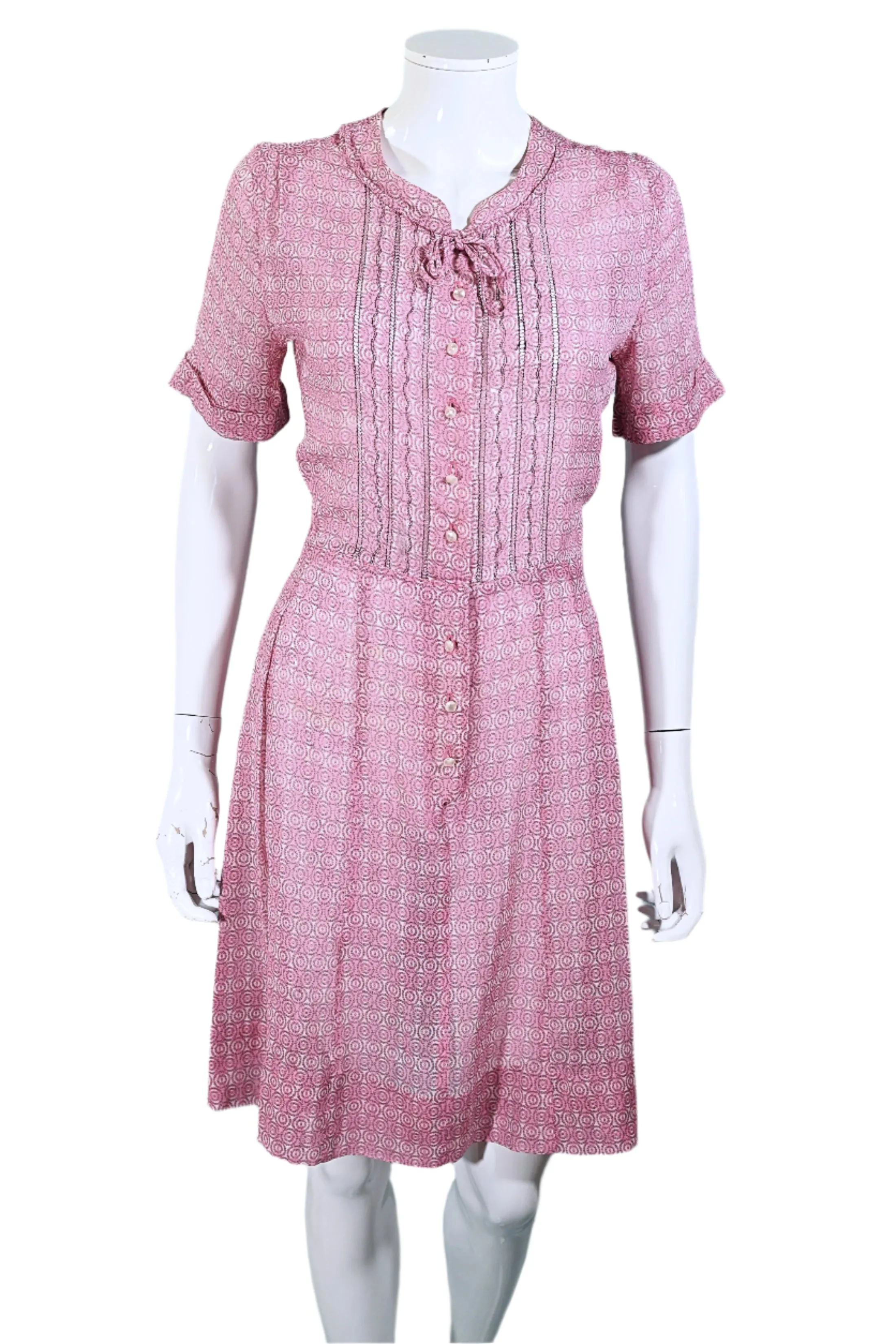 Vintage 40s Pink Sheer Print Dress Pearl Buttons, 27 In Waist
