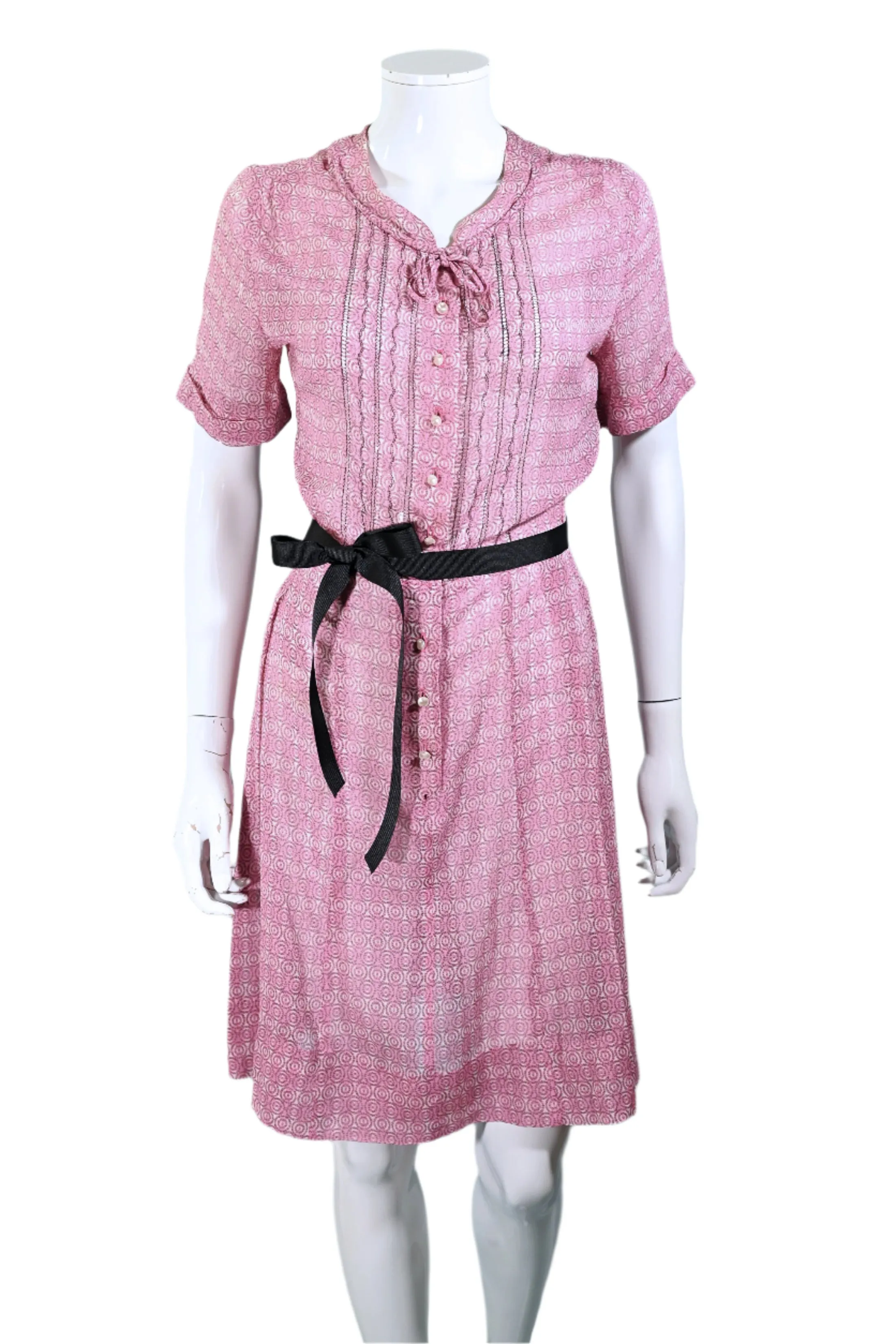 Vintage 40s Pink Sheer Print Dress Pearl Buttons, 27 In Waist