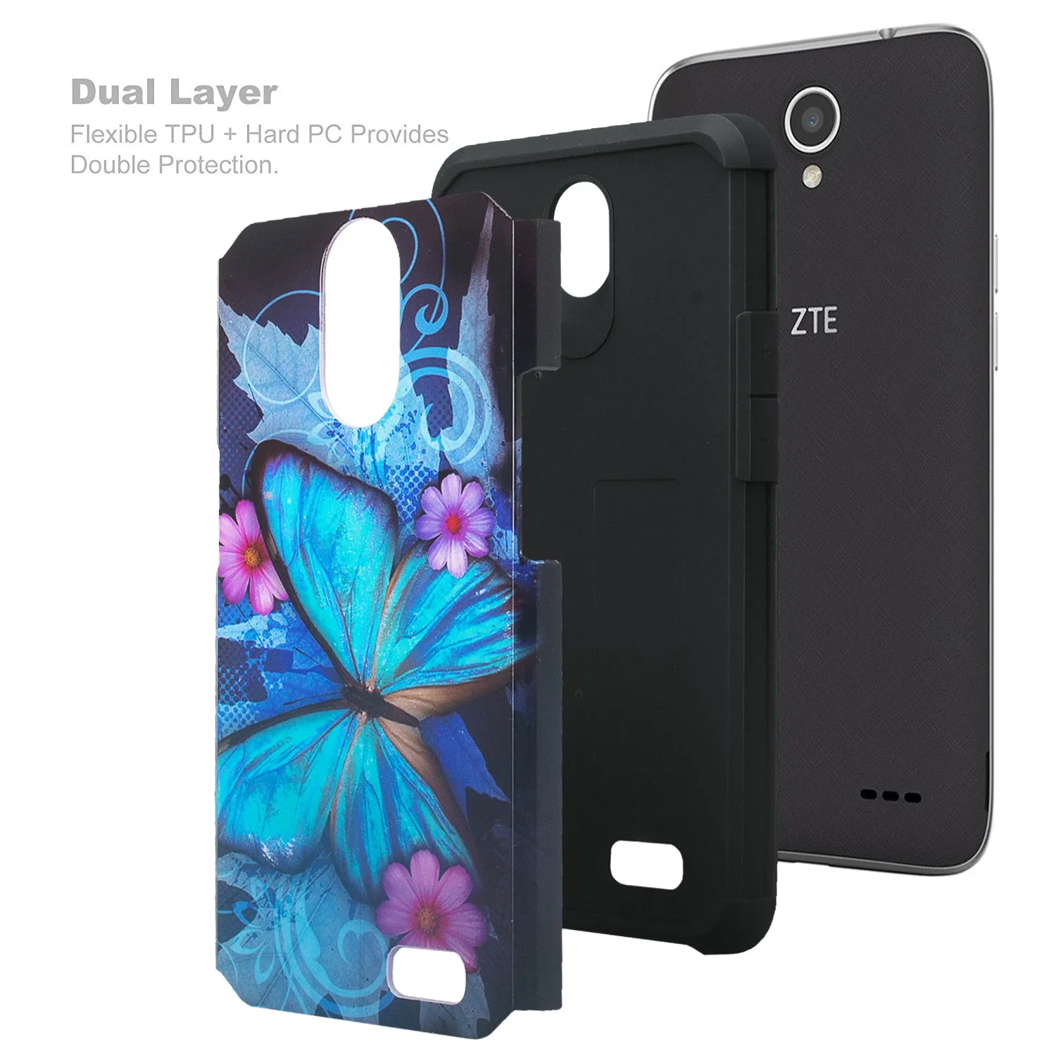 ZTE Prestige 2, Overture 3, Maven 3, Prelude Plus, ZTE 9136, Midnight Pro, Slim Hybrid Dual Layer Case Cover - Blue Butterfly