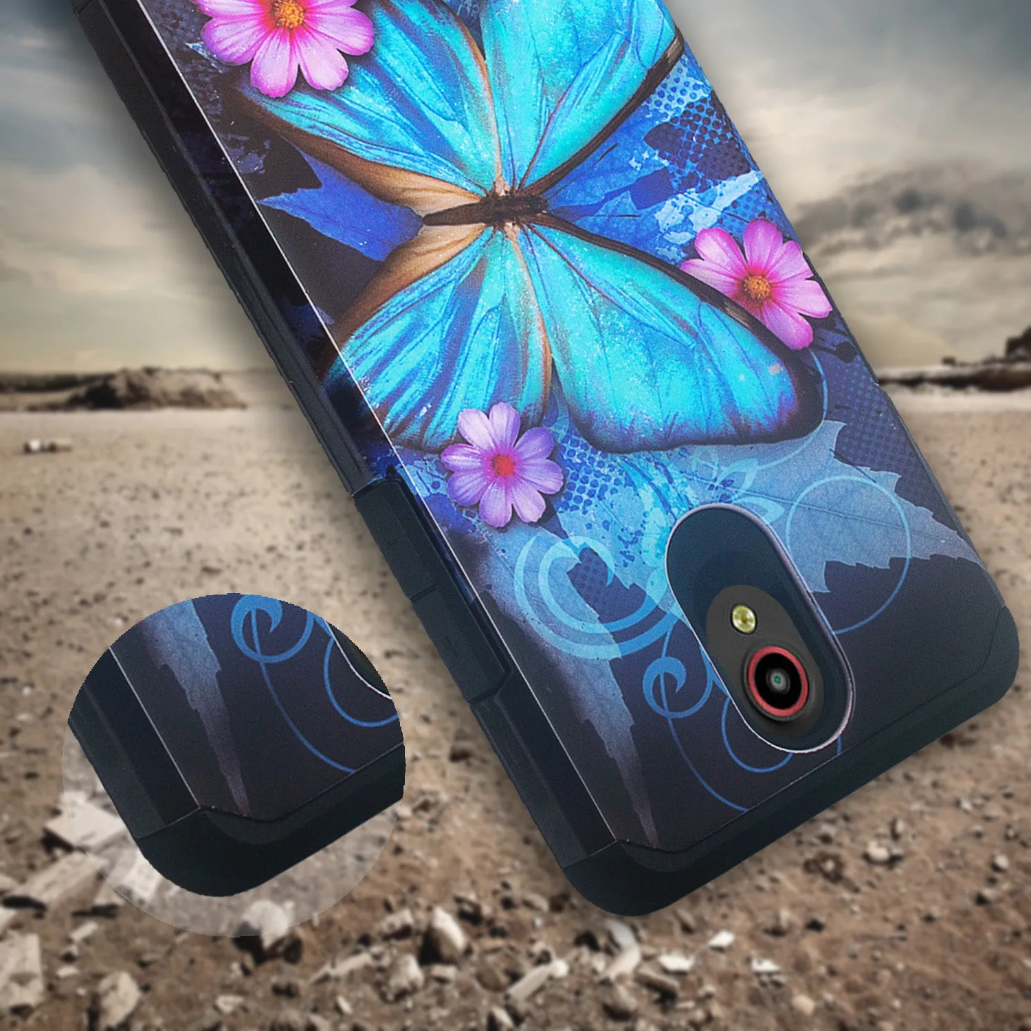 ZTE Prestige 2, Overture 3, Maven 3, Prelude Plus, ZTE 9136, Midnight Pro, Slim Hybrid Dual Layer Case Cover - Blue Butterfly