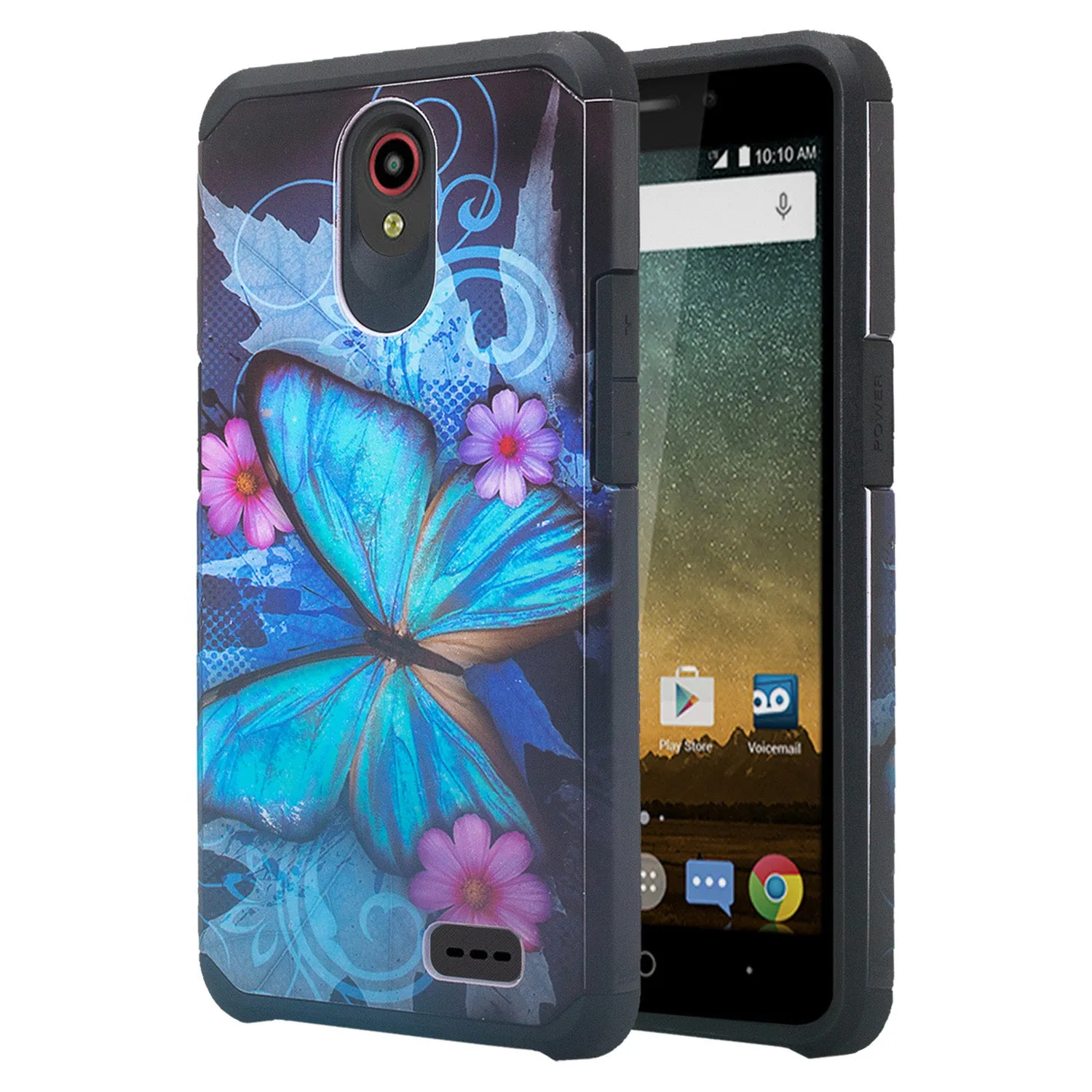 ZTE Prestige 2, Overture 3, Maven 3, Prelude Plus, ZTE 9136, Midnight Pro, Slim Hybrid Dual Layer Case Cover - Blue Butterfly