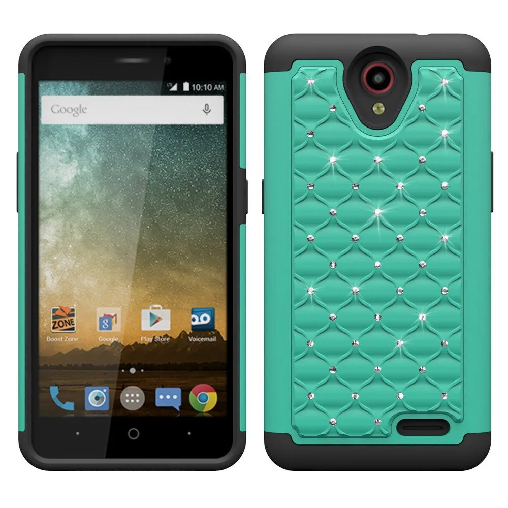 ZTE Prestige Case, Sonata 3, ZTE Avid Plus, ZTE Avid Trio, ZFive 2, Midnight Pro, Maven 2, Cheers, Slim Rhinestone Hybrid Dual Layer Case Cover - Teal/Black