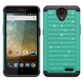 ZTE Prestige Case, Sonata 3, ZTE Avid Plus, ZTE Avid Trio, ZFive 2, Midnight Pro, Maven 2, Cheers, Slim Rhinestone Hybrid Dual Layer Case Cover - Teal/Black